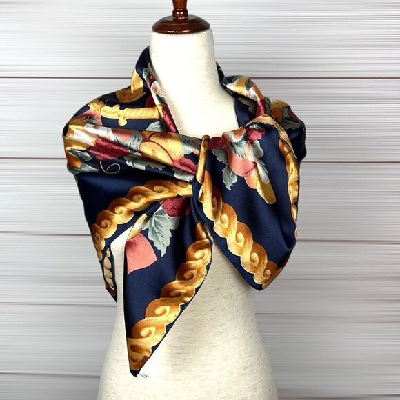 Silk Satin Navy Blue Square Scarf Fruits and Golden Leaves Print - Picture 6 of 10